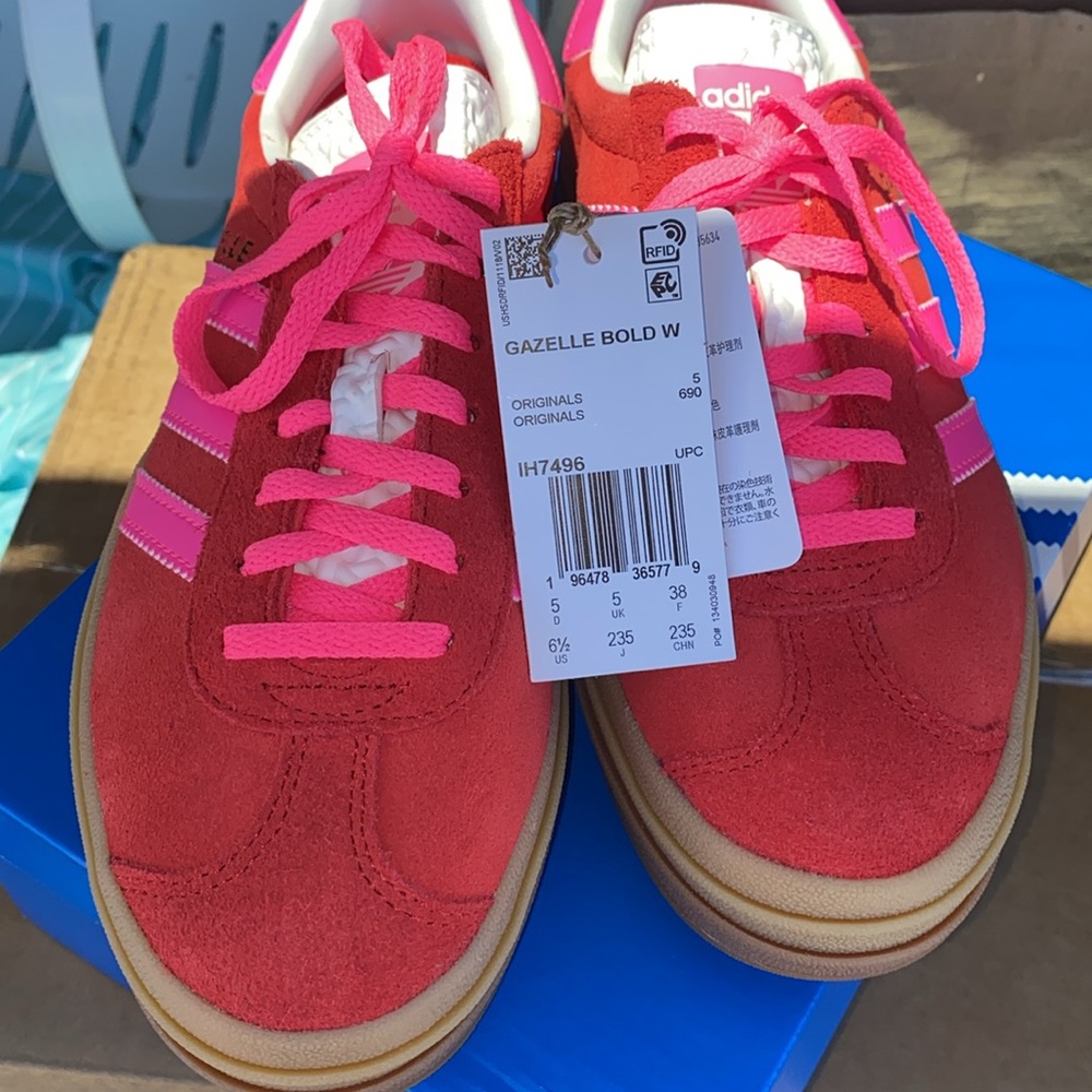 adidas Gazelle Bold Red with Pink Stripes Women's Shoes - Picture 3 of 5